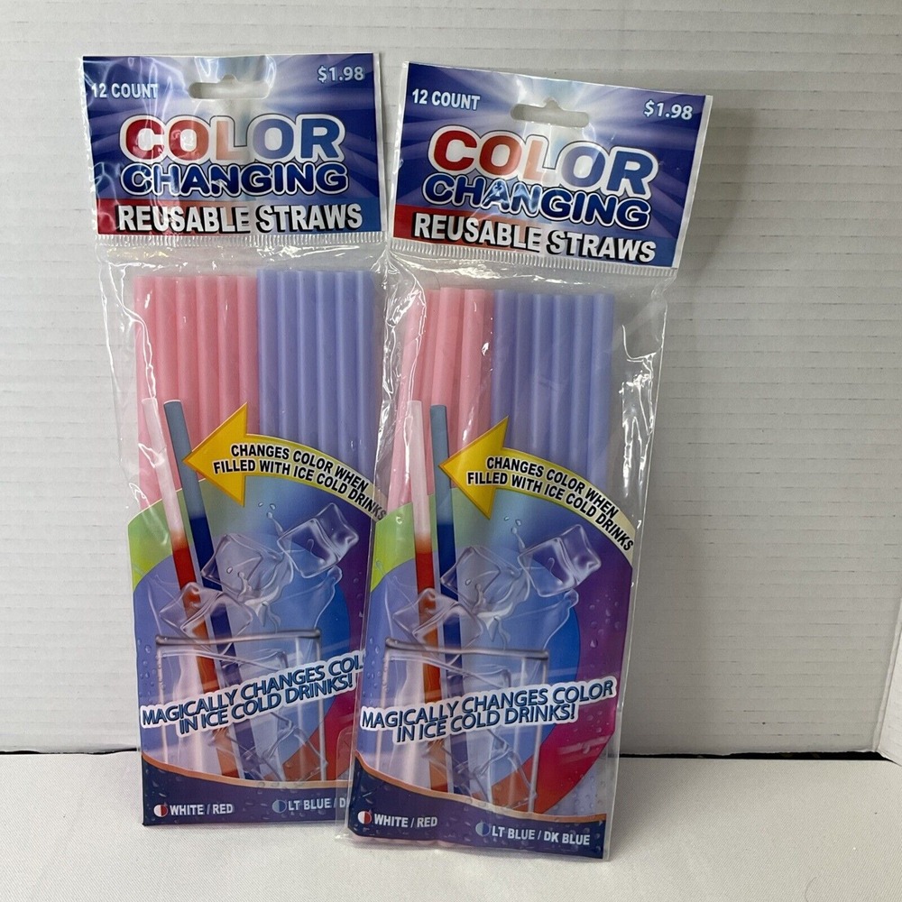 Fun Color Changing Reusable Straws Pink/Red Lt.Blue/Dark Blue Two 12 Count Packs
